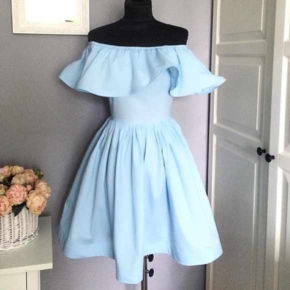 powder blue off the shoulder dress